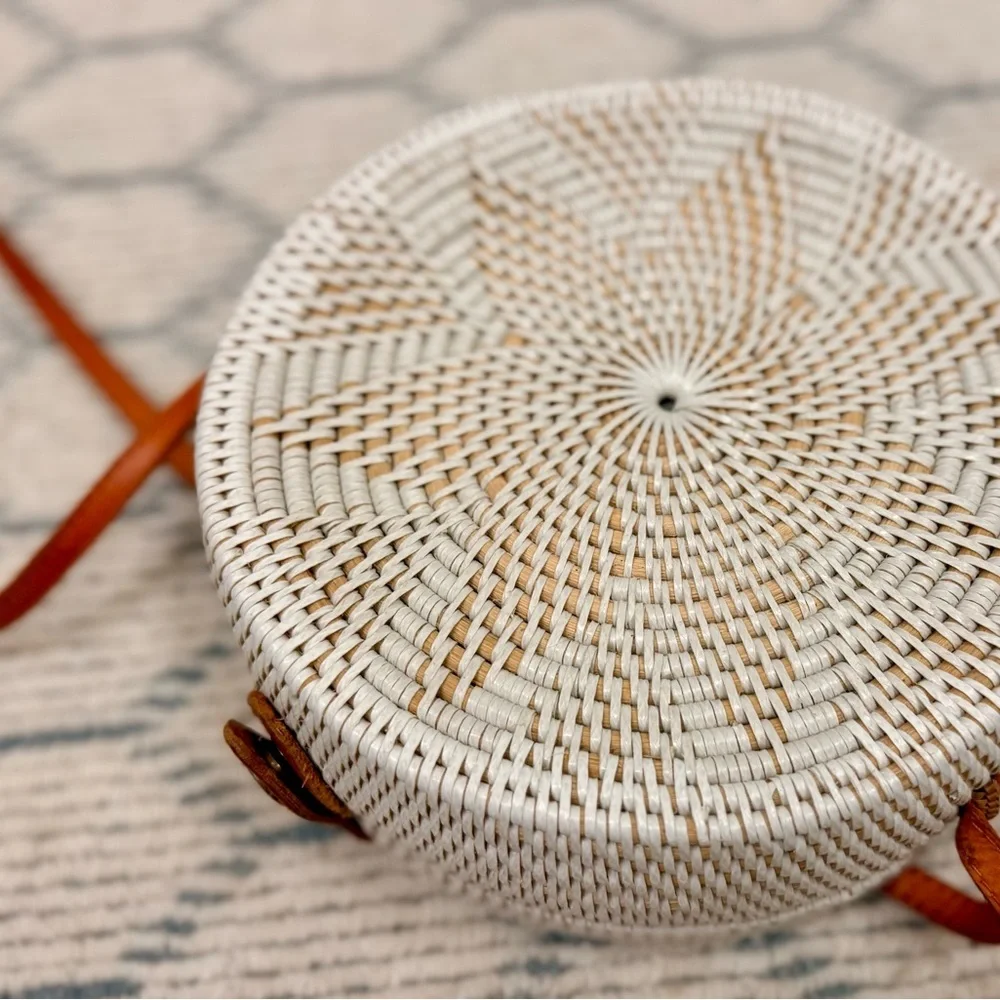HANDMADE White Woven Boho Rattan Round Crossbody Leather Strap Tropical Lining